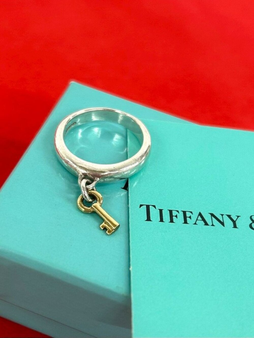 Tiffany & Co Key Charm Ring 925 Sterling Silver Gold